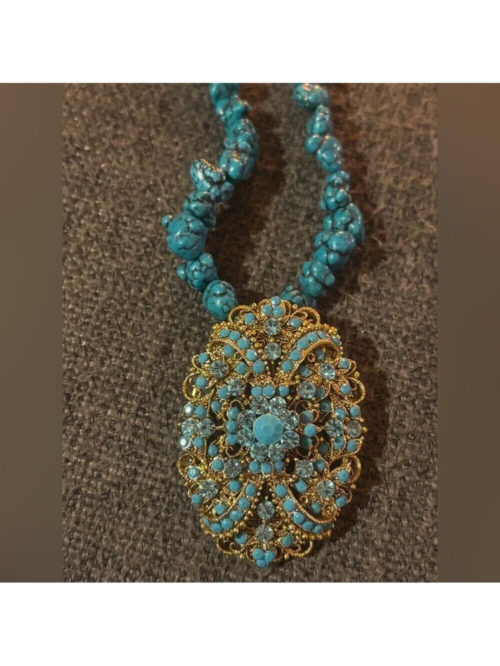 ๐ RARE 1928 Designer Turquoise Blue Stone Statement Necklace โข Crystal Medallion - Picture 12 of 14